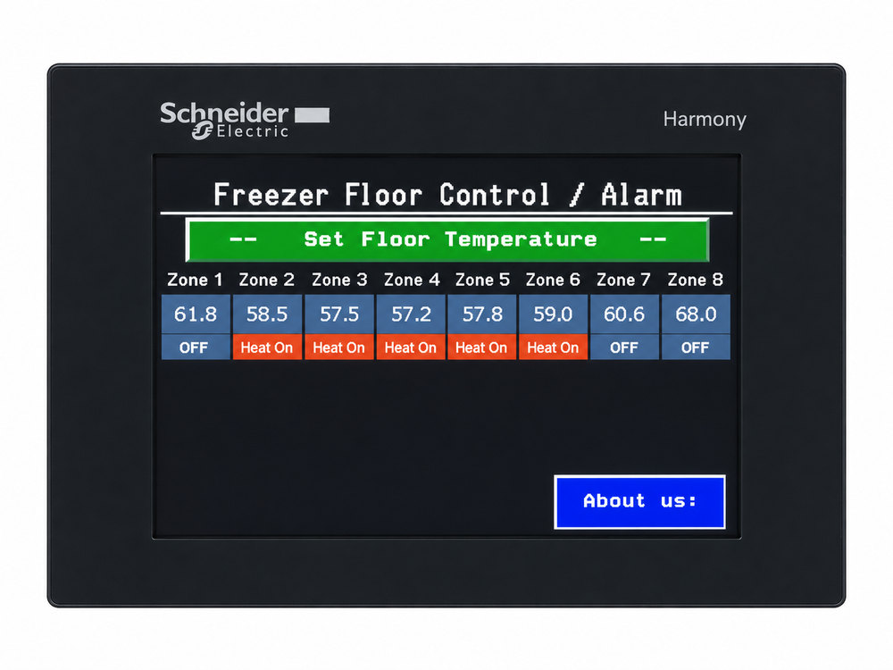 Close-up of the freezer floor control panel color touchscreen display showing zone temperatures and heat cable status for eight zones