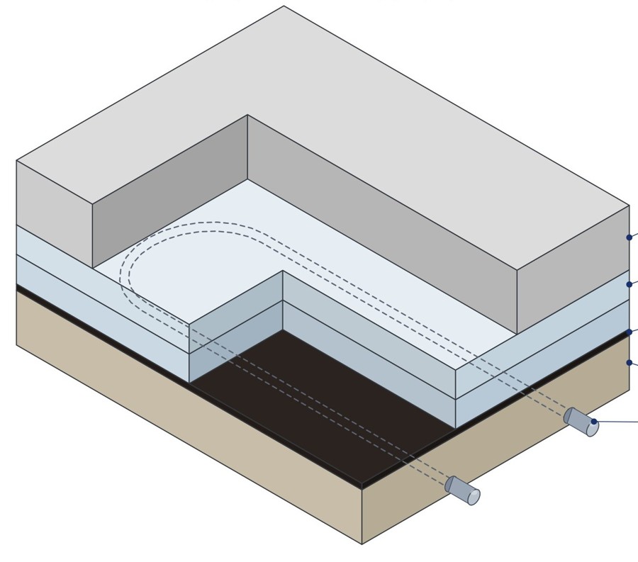 Isometric cutaway drawing of typical freezer floor construction showing top slab, rigid foam insulation, vapor barrier, mud slab, and embedded conduit